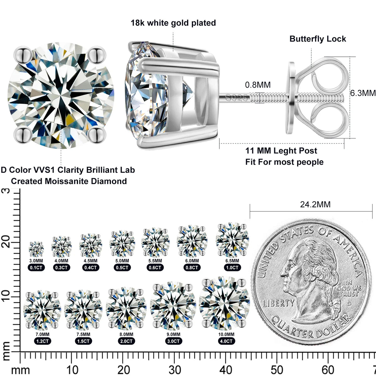 Moissanite Stud Earrings, 0.1ct to 4ct in 925 Silver
