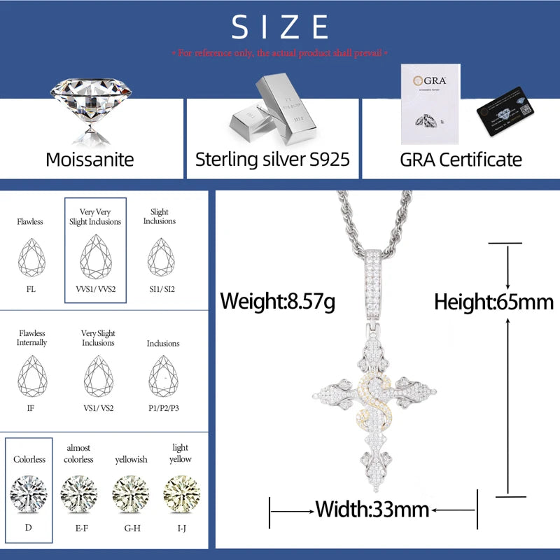 Iced Moissanite Cross Pendant Necklace, 925 Silver