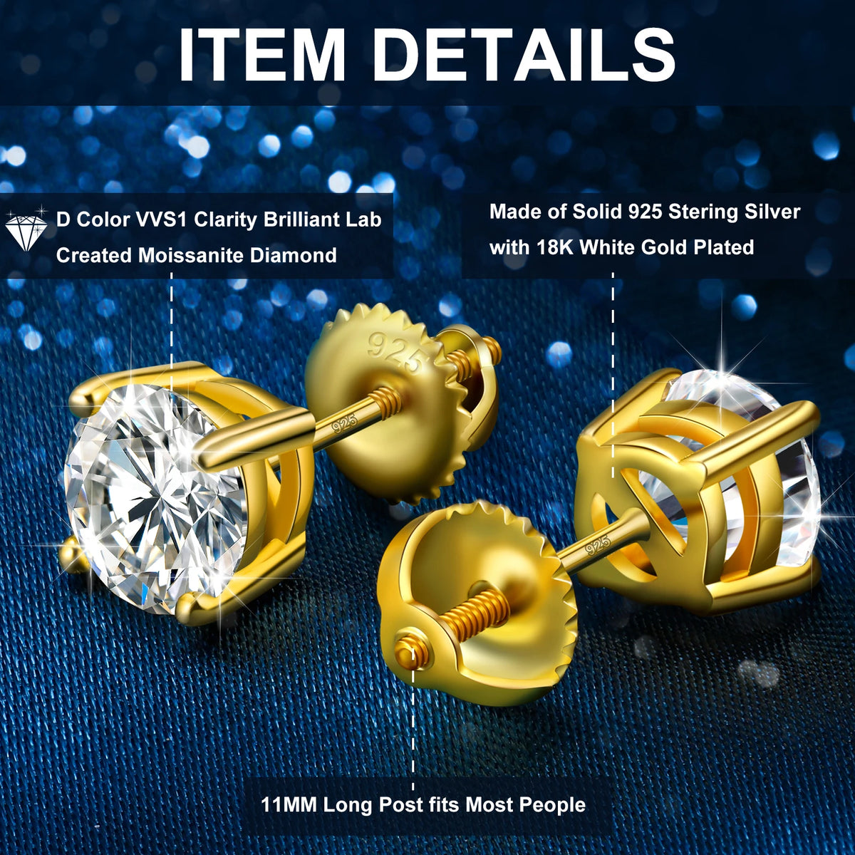 Screw Back Moissanite Studs, 0.1ct to 4ct in 925 Silver