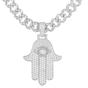 Hamsa Evil Eye Moissanite Pendant Necklace in 925 Silver