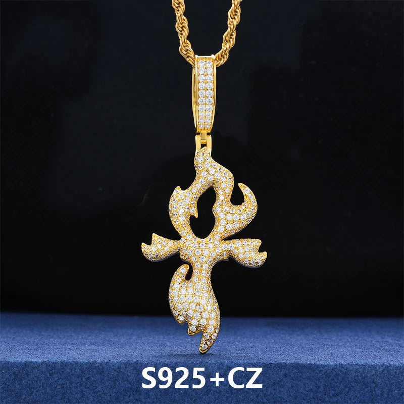 Flame Cross Pendant Necklace, Moissanite or Zircon