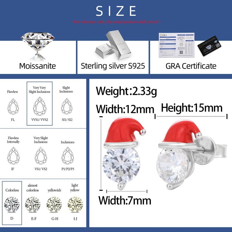 Moissanite Santa Hat Stud Earrings in 925 Silver