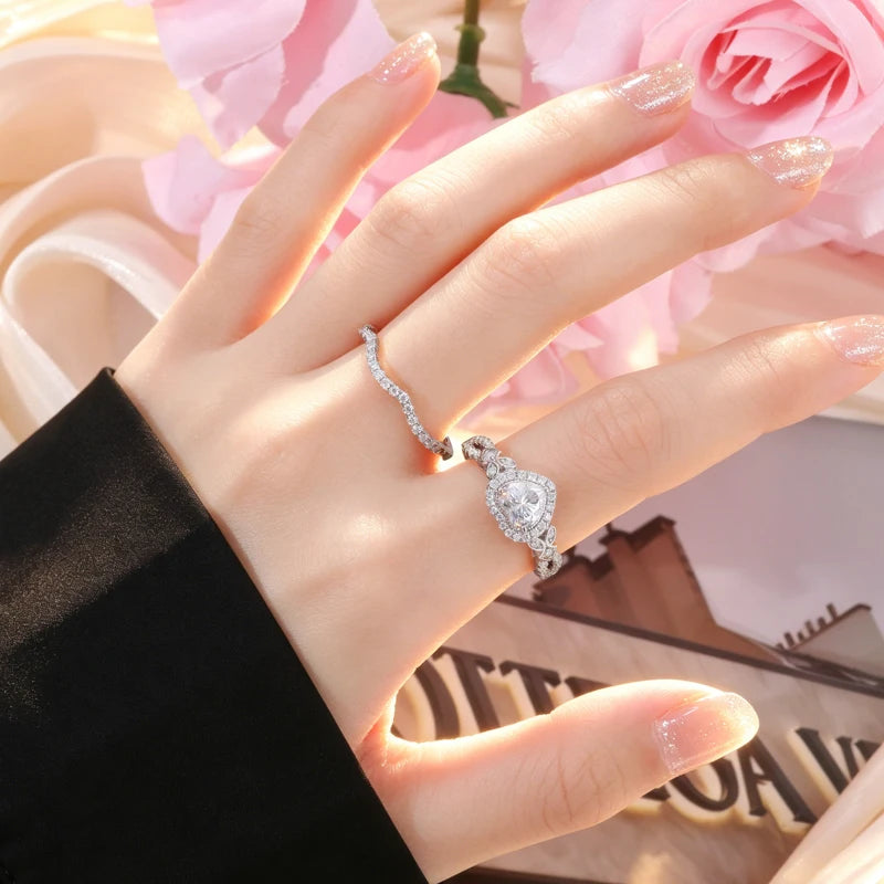 Moissanite Promise Ring Set, 2 Stackable Rings, 925
