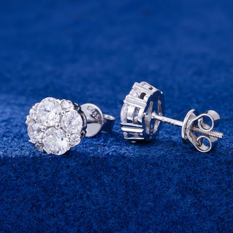 Moissanite Halo Cluster Stud Earrings in 925 Silver