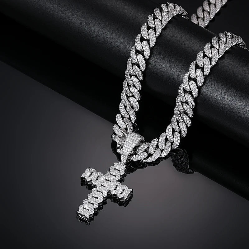 12mm Cuban Cross Pendant Necklace, D VVS Moissanite