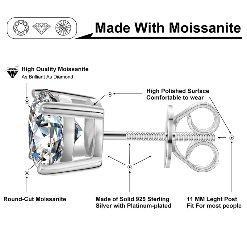 D Colour Moissanite Studs, 0.1ct to 1.5ct in 925 Silver