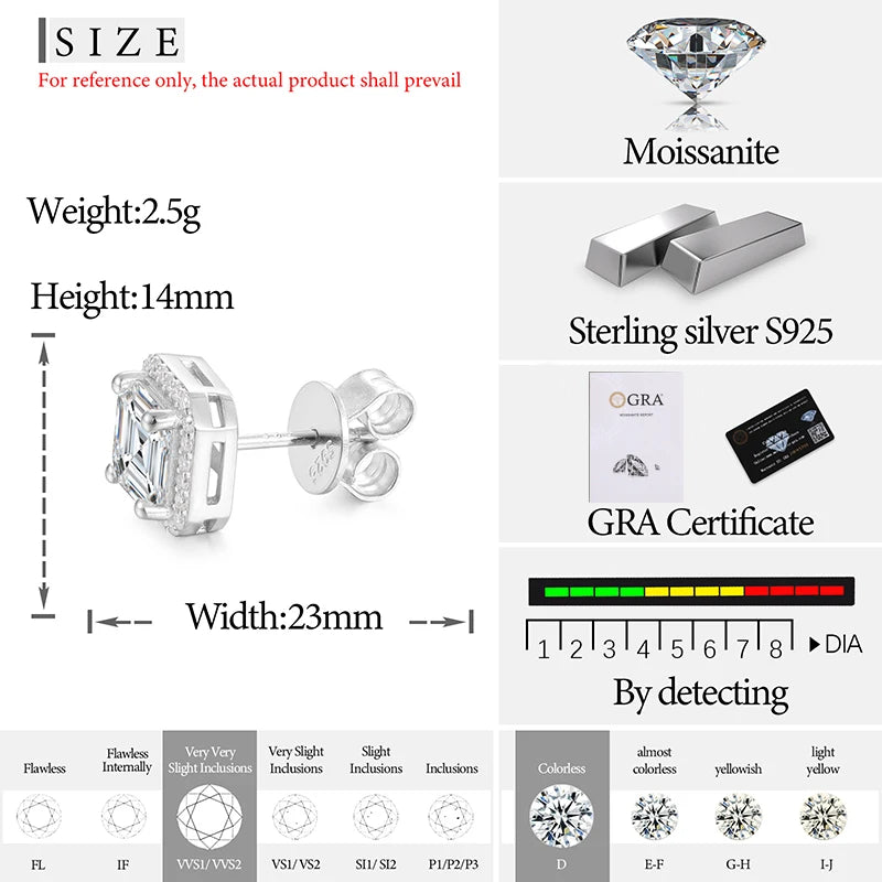 Ascher Cut Moissanite Earrings in 925 Silver