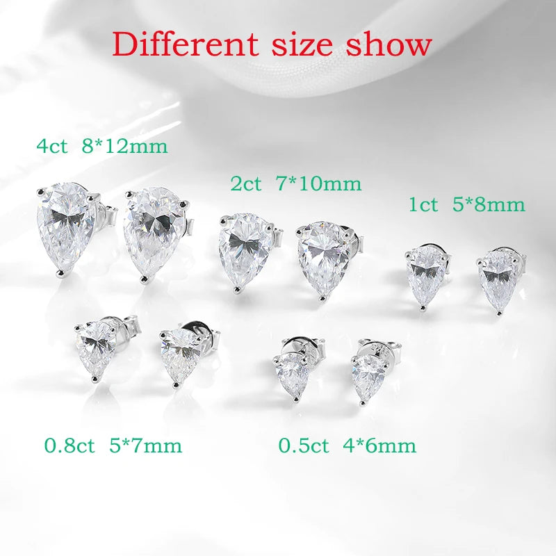Pear Moissanite Stud Earrings, 0.5ct to 4ct in 925 Silver