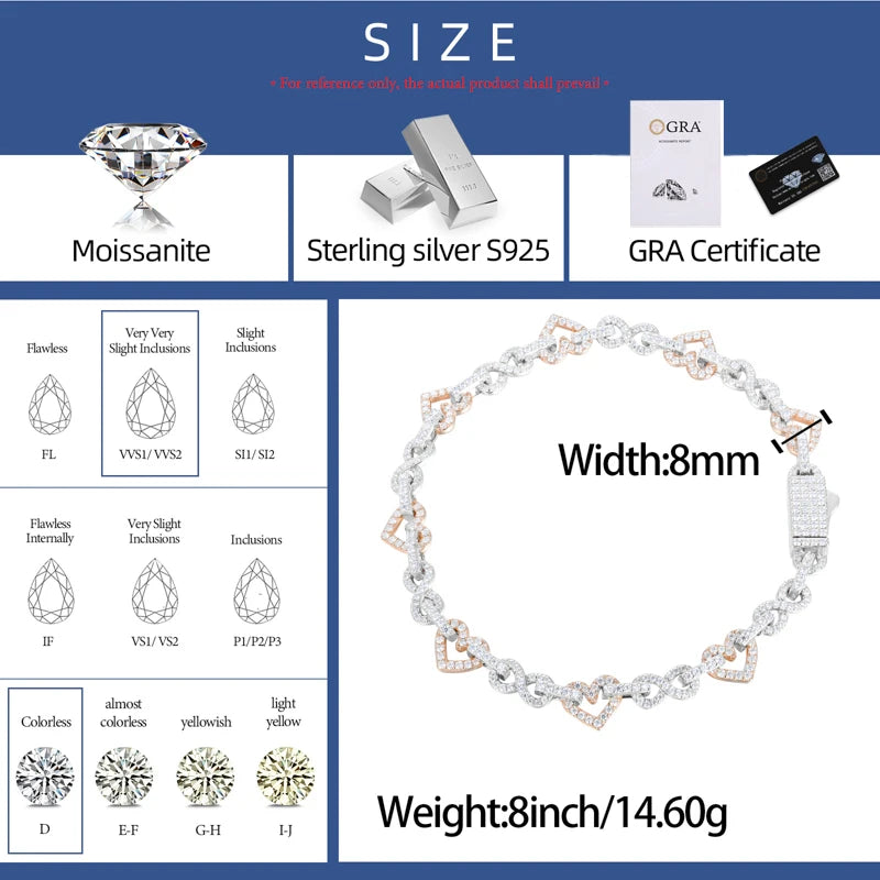 8mm Moissanite Infinity Heart Bracelet, 925 Silver