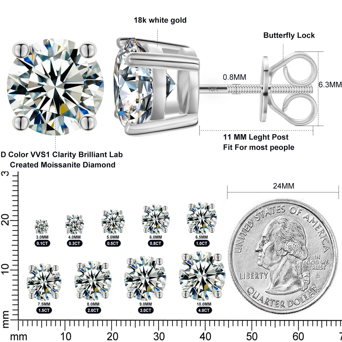 Moissanite Stud Earrings, 3mm to 10mm Screw Back