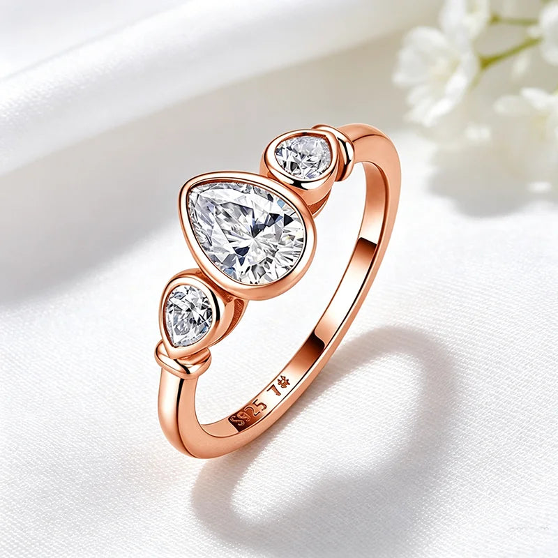 Three Stone Pear Moissanite Ring in Pure S925 Silver