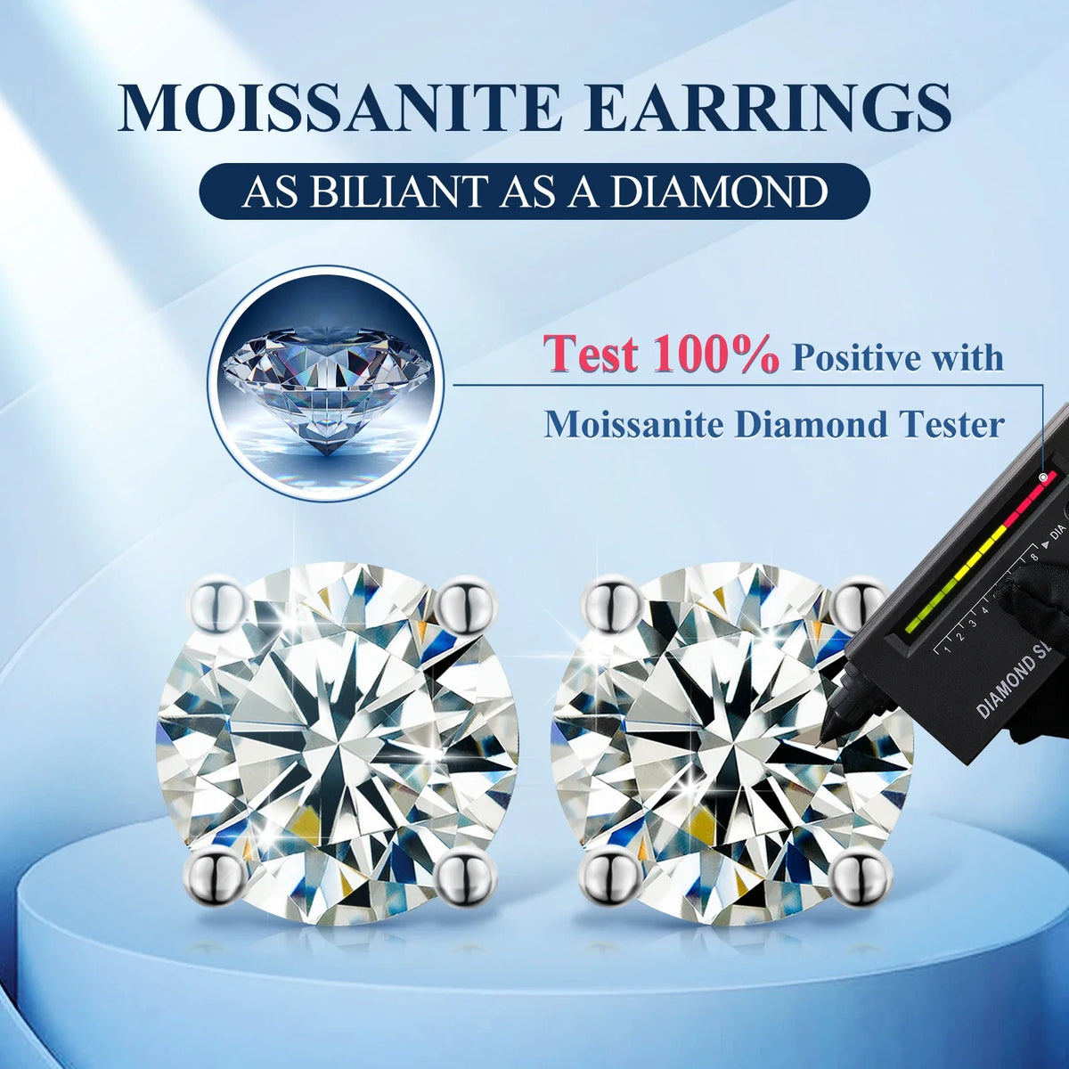 Moissanite Stud Earrings, 0.1ct to 4ct in 925 Silver