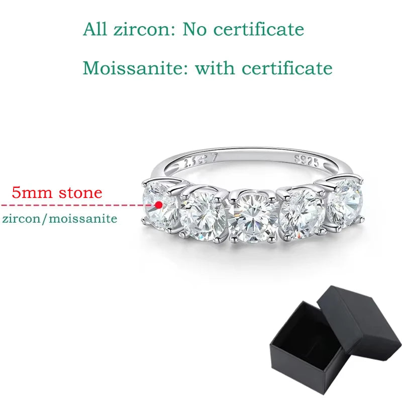 5 Stone Moissanite Ring, 2.5cttw or 5cttw in 925 Silver