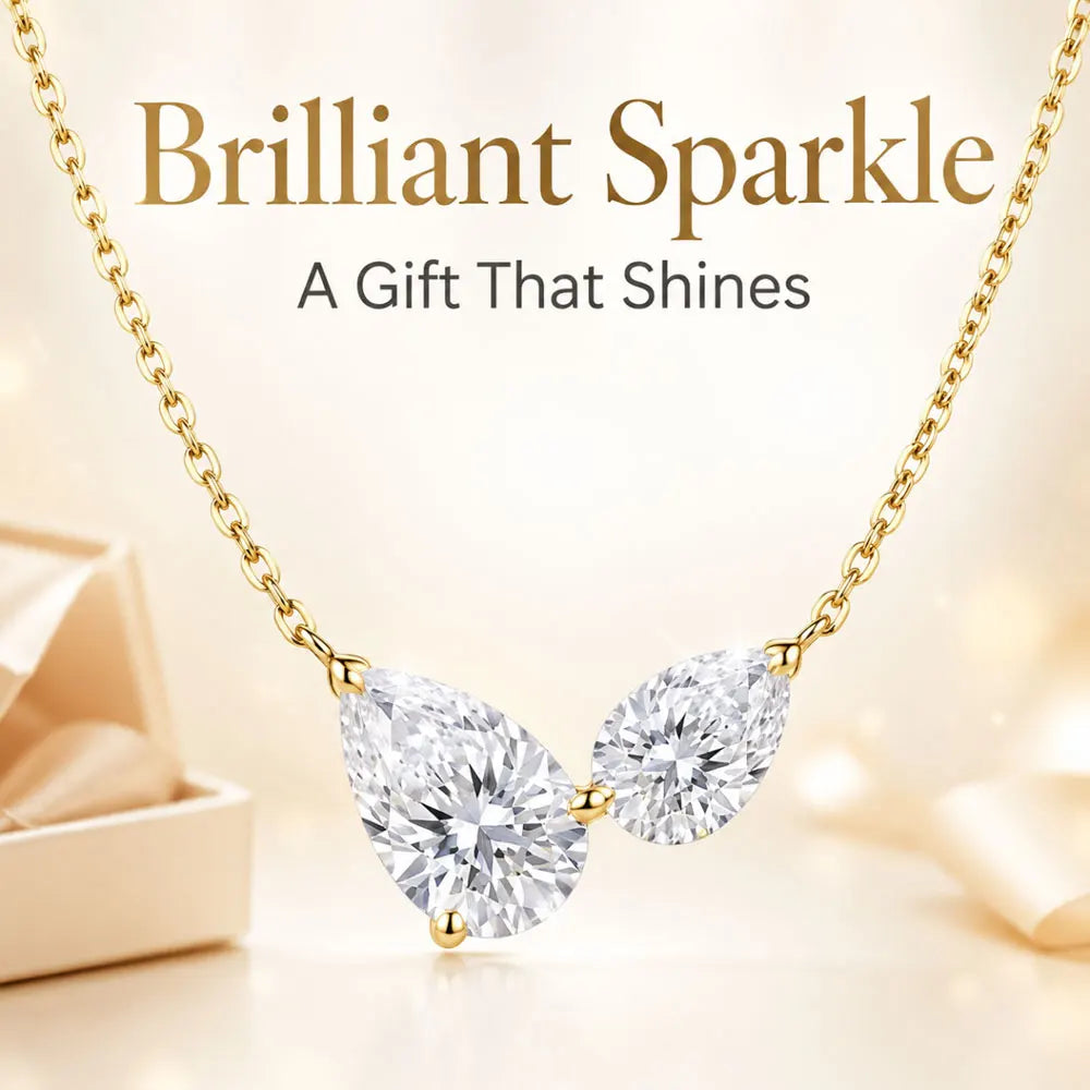 Pear Moissanite Two Stone Pendant Necklace, 45cm