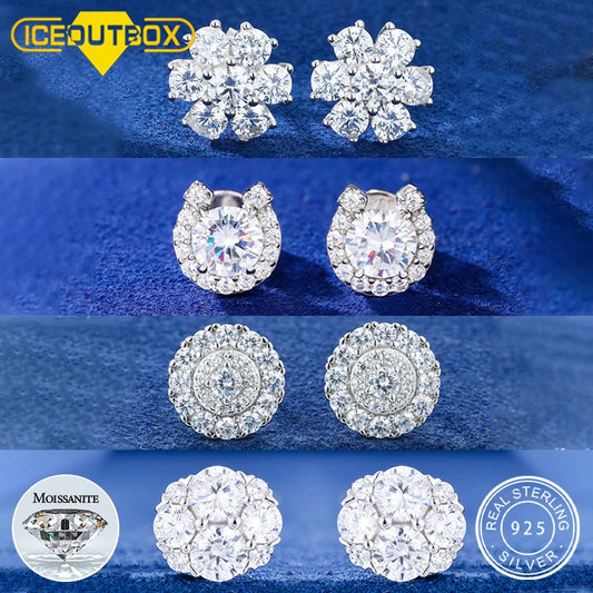 Moissanite Halo Cluster Stud Earrings in 925 Silver