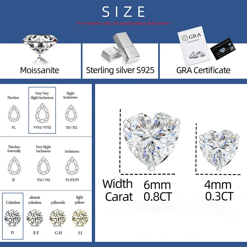 Heart and Princess Moissanite Studs in 925 Silver