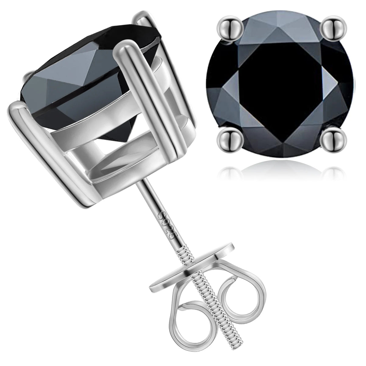 Black Moissanite Stud Earrings, 0.1ct to 2ct, 925 Silver