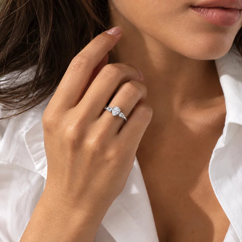 Three Stone Pear Moissanite Ring in Pure S925 Silver