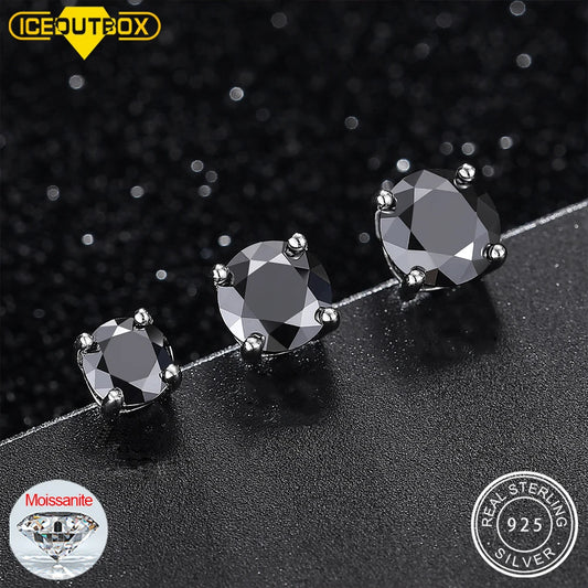Black Moissanite Stud Earrings, 0.5ct to 2ct, 925 Silver