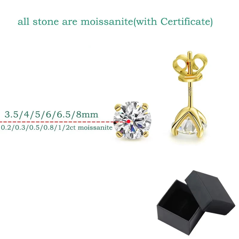 Round Moissanite Stud Earrings, 0.2ct to 2ct in S925