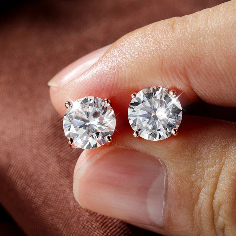 Round Moissanite Studs, 0.2ct to 3ct in 925 Silver