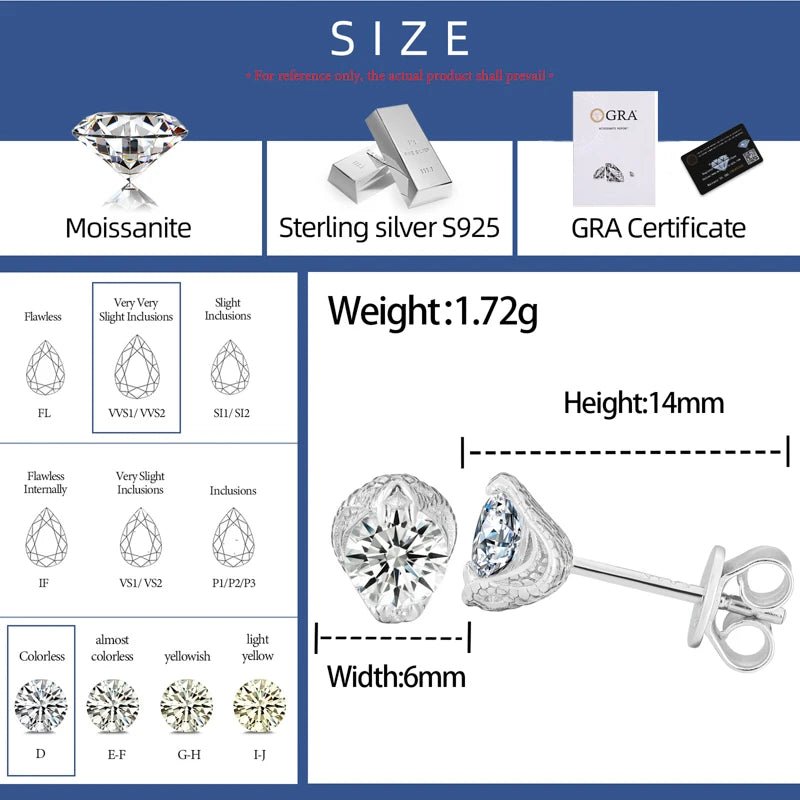4mm Moissanite Snake Stud Earrings in 925 Silver
