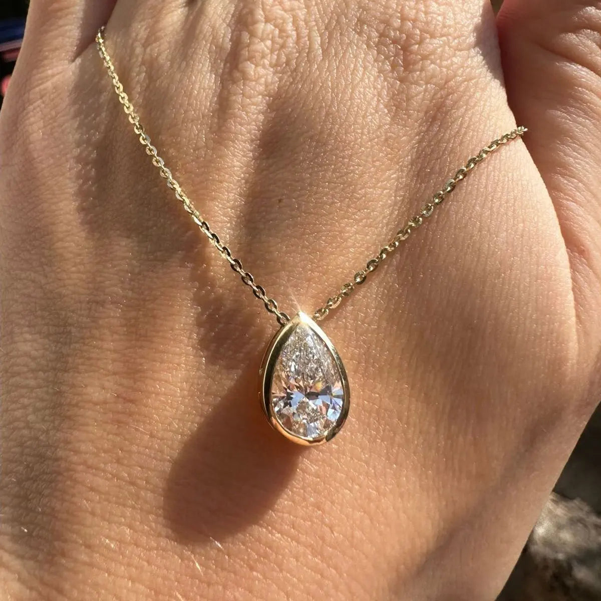 Bezel Set Pear Moissanite Necklace, 1ct to 4ct
