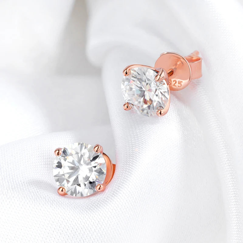 Round Moissanite Studs, 0.2ct to 3ct in 925 Silver