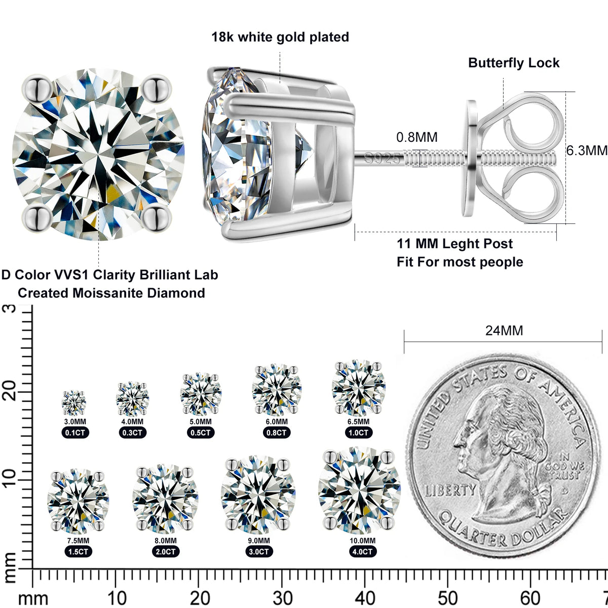 Screw Back Moissanite Studs, 0.1ct to 4ct in 925 Silver