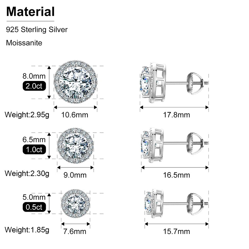 Round Moissanite Stud Earrings, 3mm and Up in 925 Silver