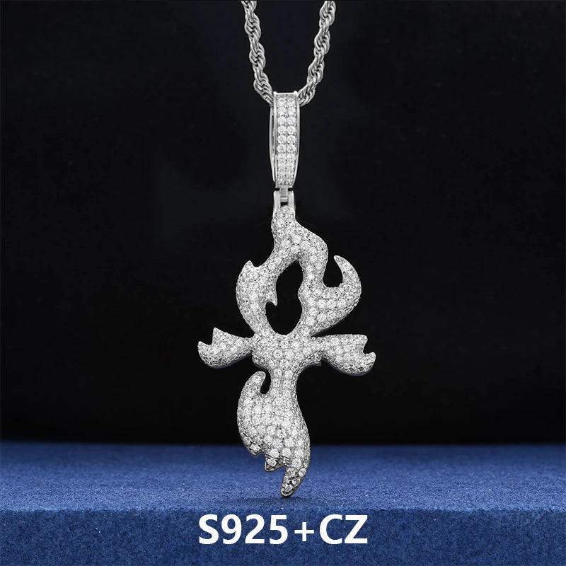 Flame Cross Pendant Necklace, Moissanite or Zircon