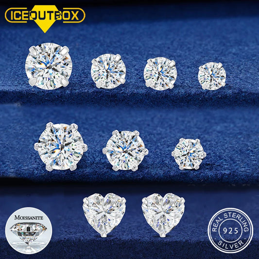 Heart and Princess Moissanite Studs in 925 Silver