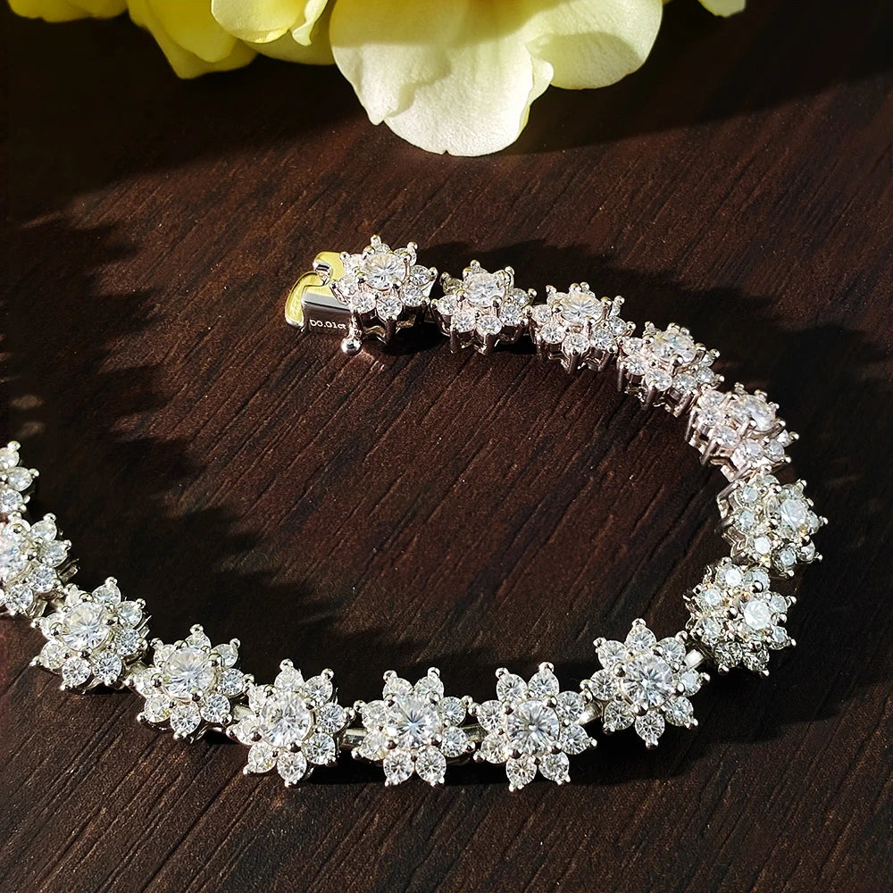 Flower Moissanite Tennis Bracelet, GRA 925 Silver 18k