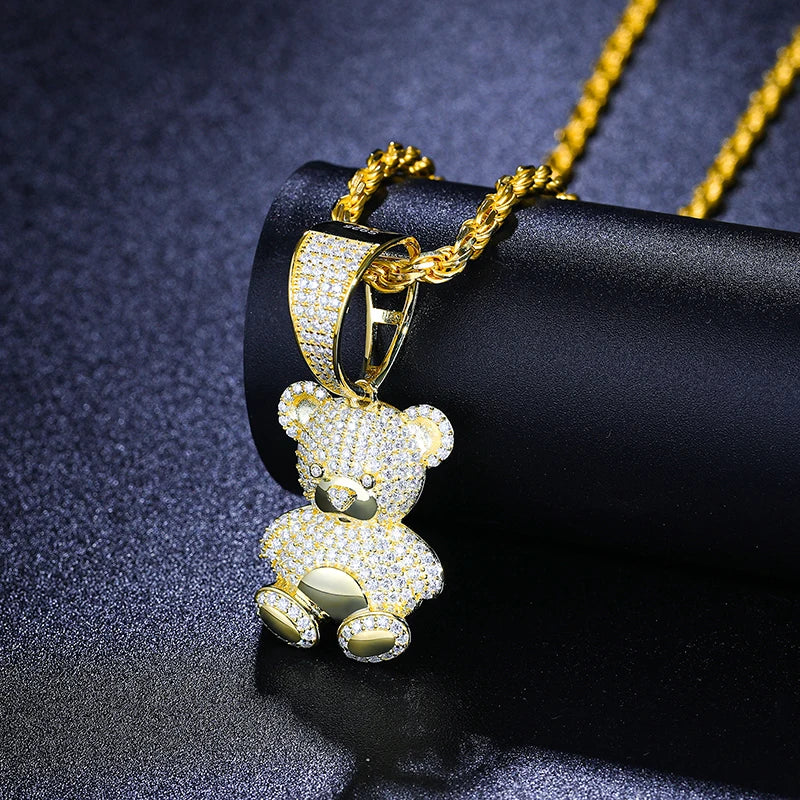 Moissanite Bear Pendant Necklace with Tennis Chain