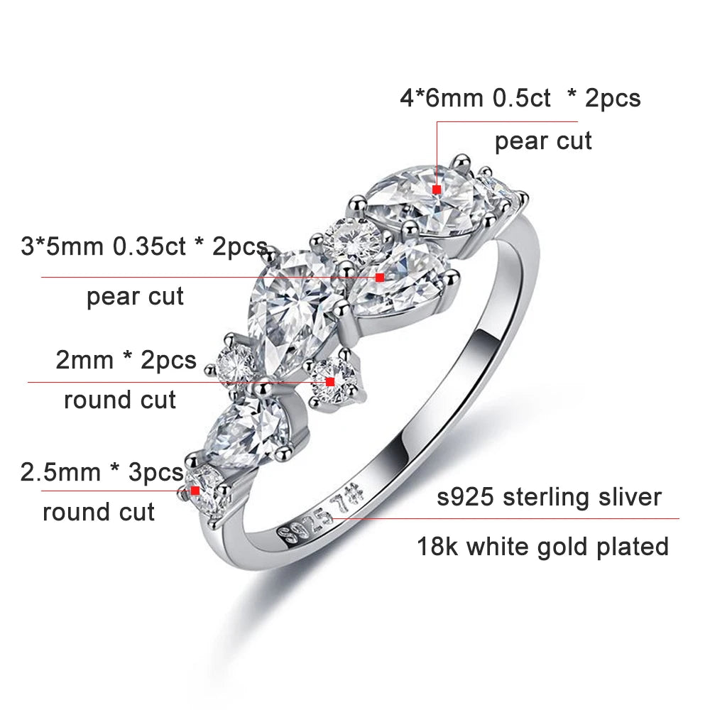 Pear Cut Moissanite Ring in 925 Silver, Sizes 5 to 9