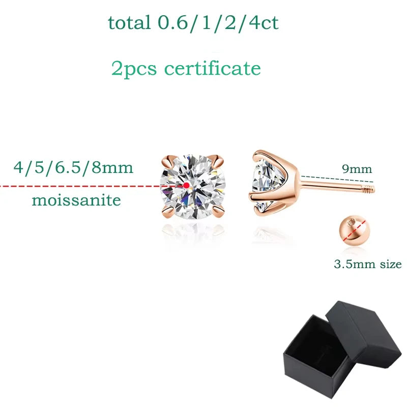 Moissanite Stud Earrings, 0.3ct to 2ct Each, 925 Silver