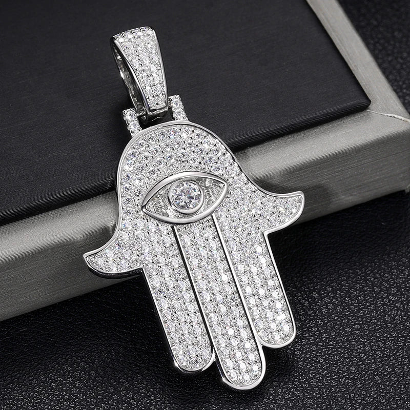 Hamsa Evil Eye Moissanite Pendant Necklace in 925 Silver