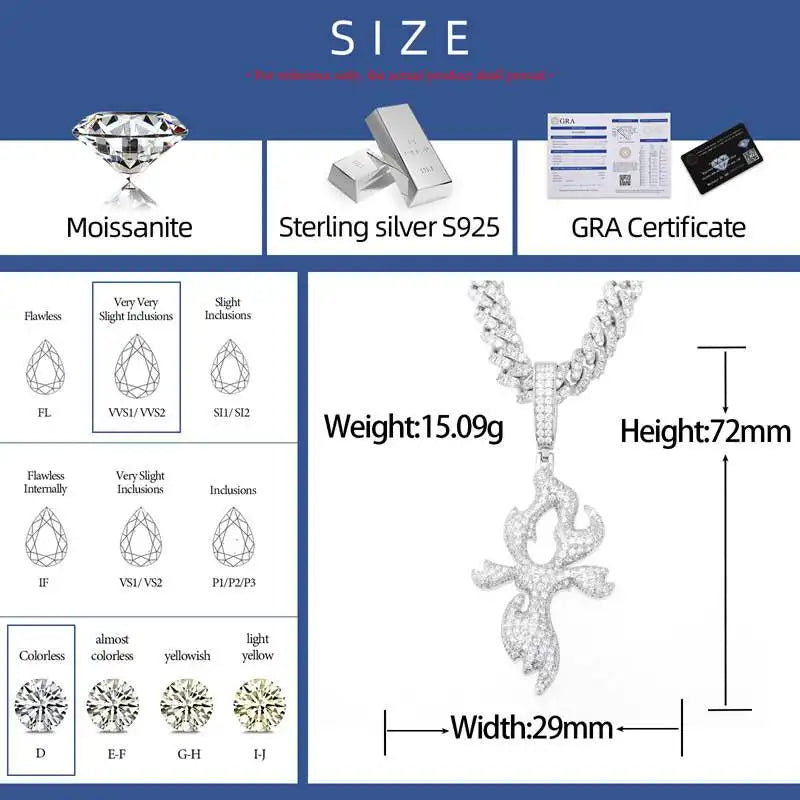 Flame Cross Pendant Necklace, Moissanite or Zircon