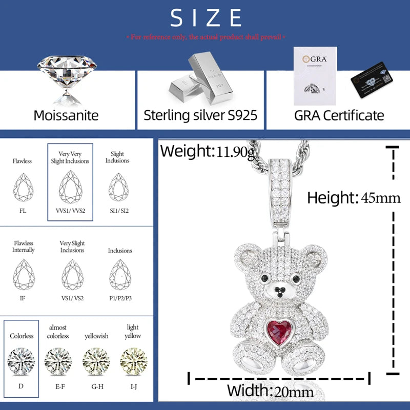 Moissanite Heart Bear Pendant Necklace, 925 Silver