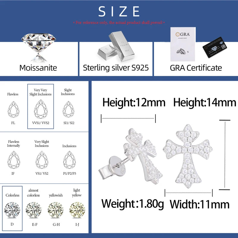 Moissanite Cross Stud Earrings, 3mm to 6.5mm S925