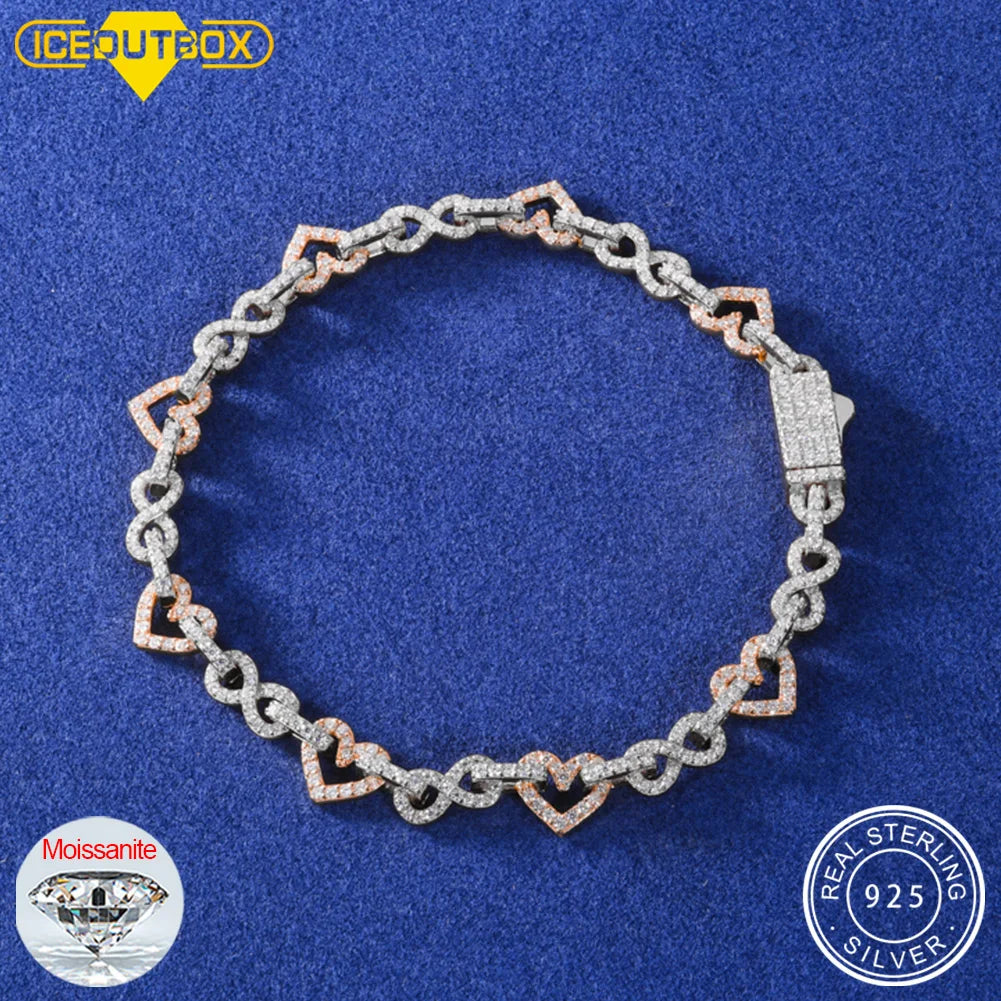 8mm Moissanite Infinity Heart Bracelet, 925 Silver