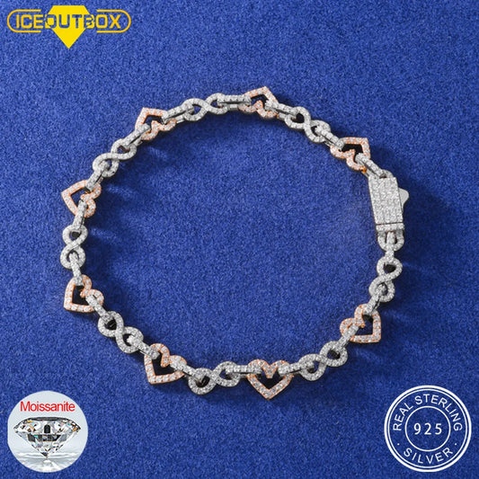 8mm Moissanite Infinity Heart Bracelet, 925 Silver