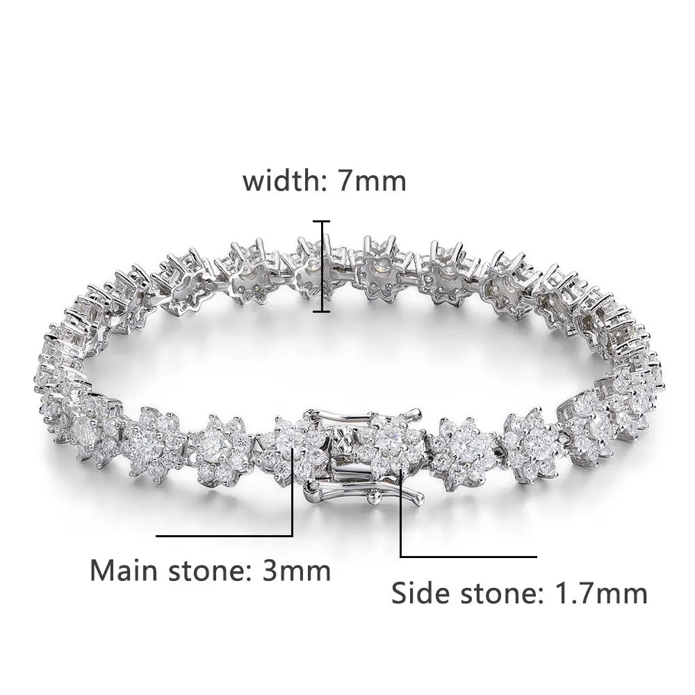 Flower Moissanite Tennis Bracelet, GRA 925 Silver 18k