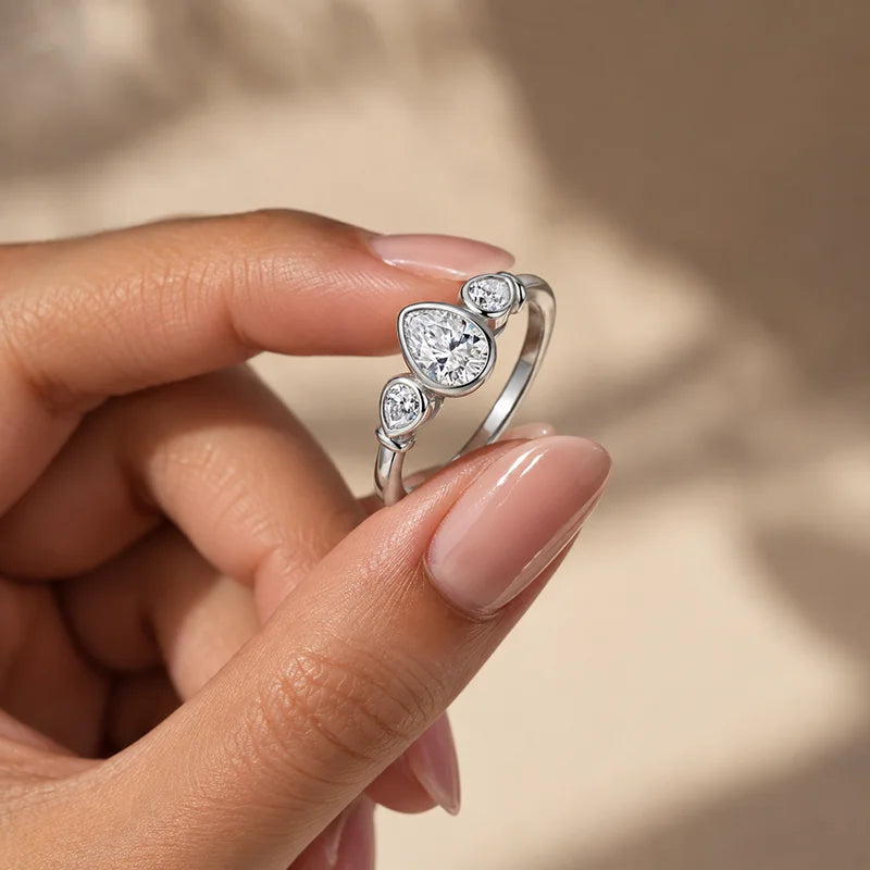 Three Stone Pear Moissanite Ring in Pure S925 Silver