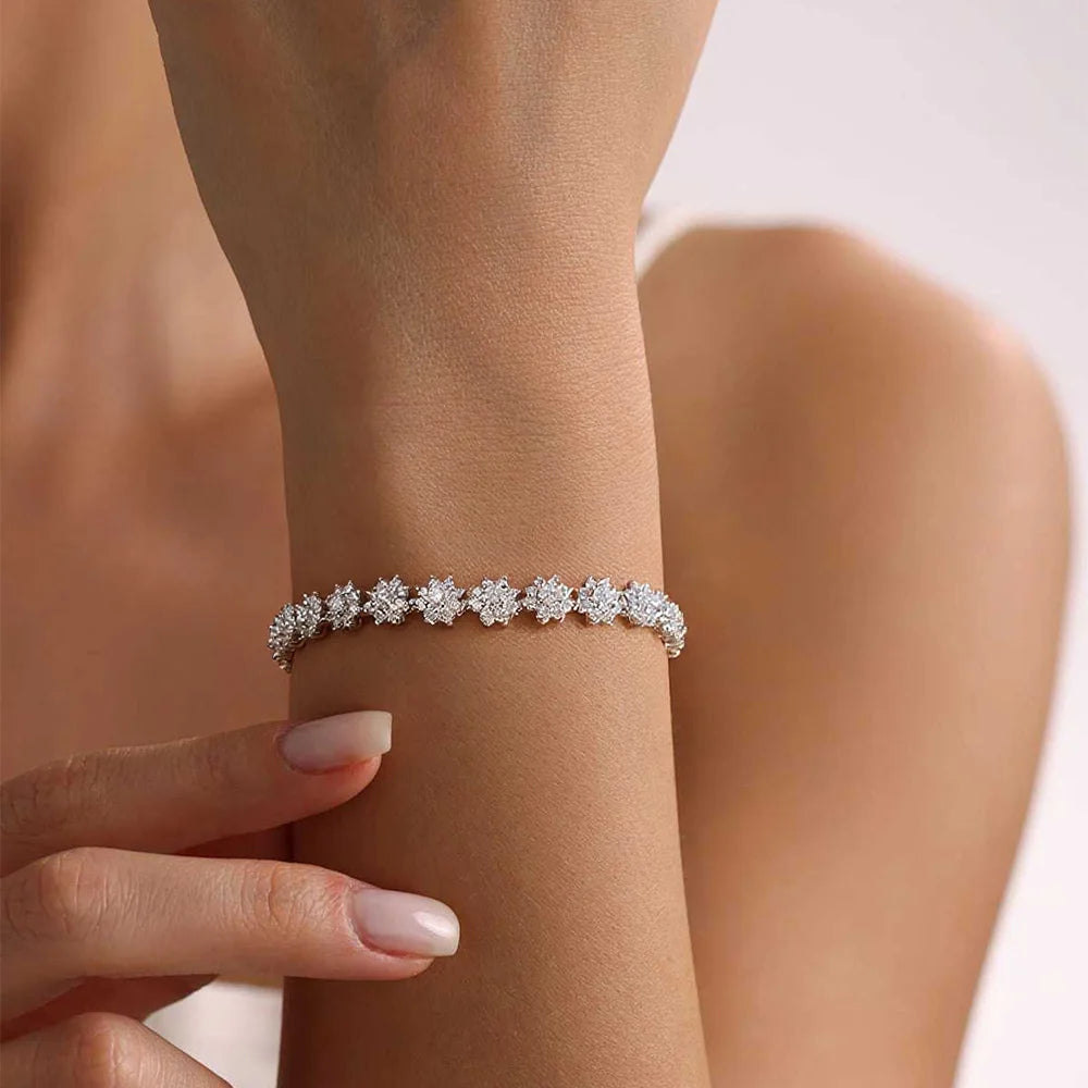 Flower Moissanite Tennis Bracelet, GRA 925 Silver 18k