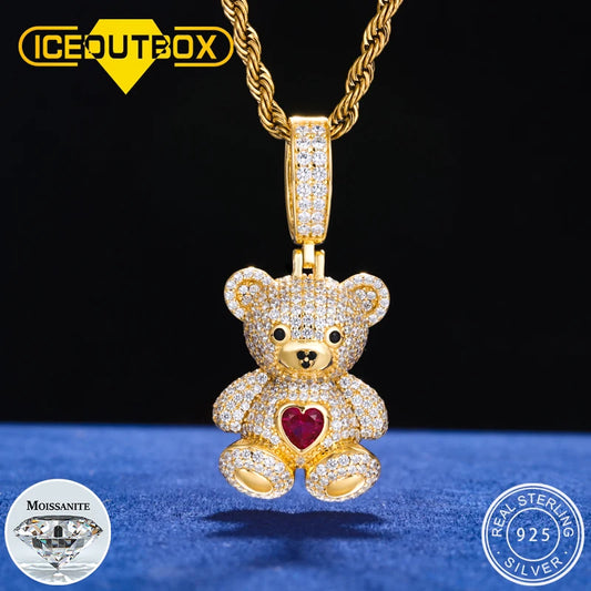Moissanite Heart Bear Pendant Necklace, 925 Silver