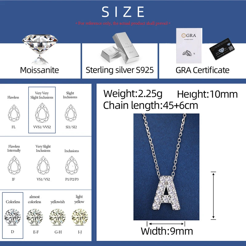Moissanite Initial Necklace, A to Z in 925 Silver