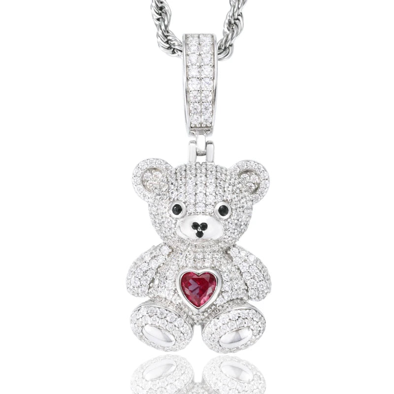 Moissanite Heart Bear Pendant Necklace, 925 Silver