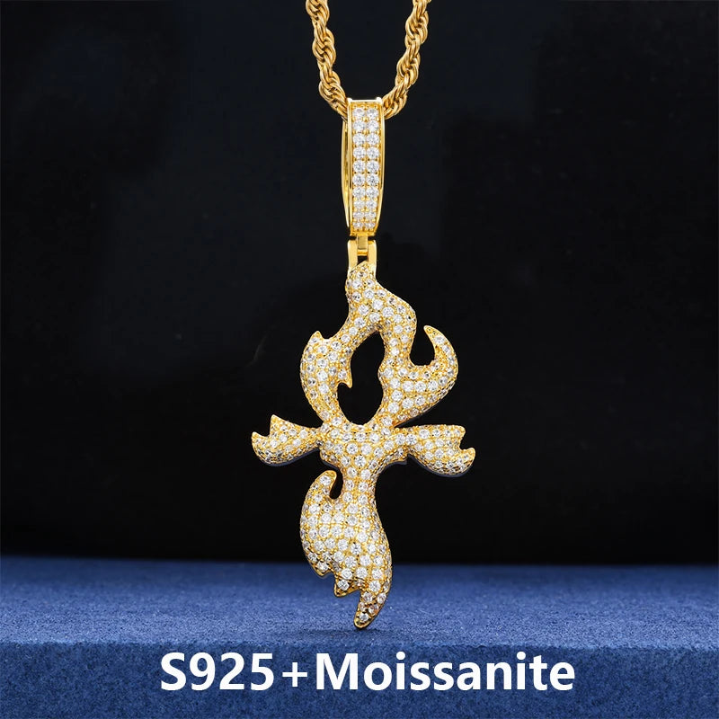 Flame Cross Pendant Necklace, Moissanite or Zircon