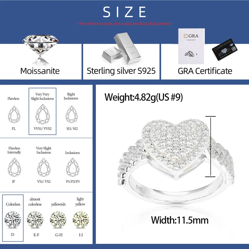 Cuban Heart Ring, Moissanite or Zircon in 925 Silver